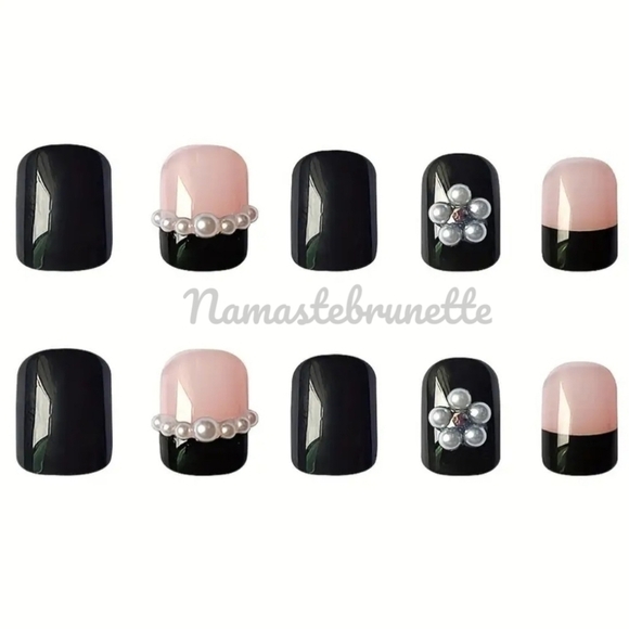 Pearl Black French Tip Manicure Press On Nails - Picture 4 of 14